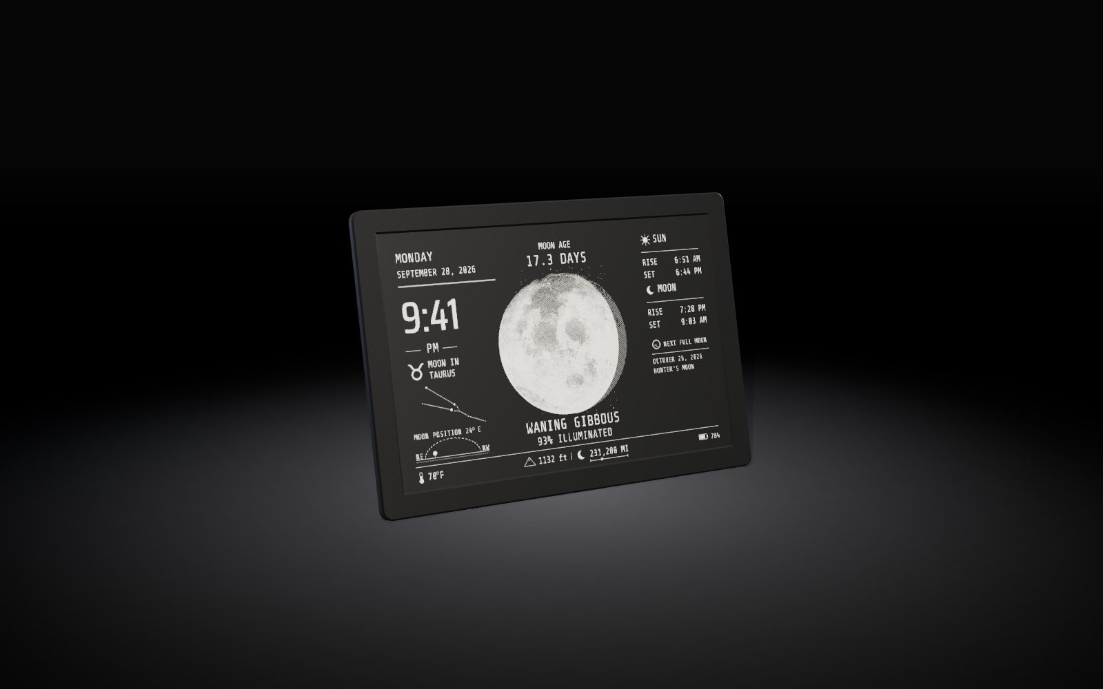 MoonGraph e-ink moon phase clock on its stand