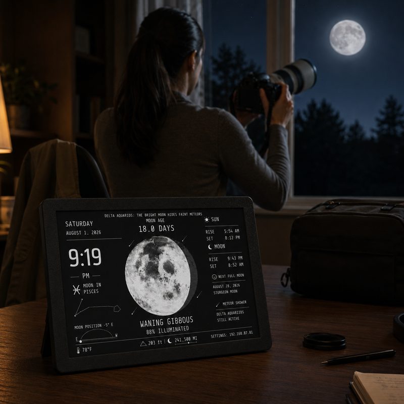 A photographer lifting her camera toward the full moon, with MoonGraph on the desk beside her