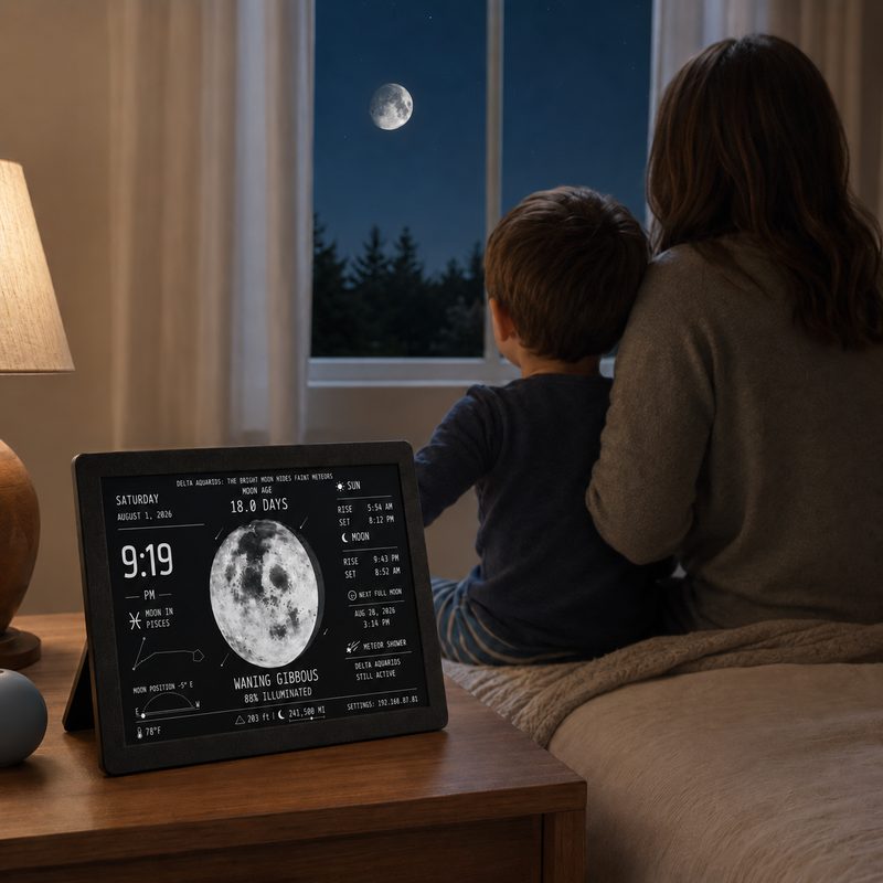A parent and child at bedtime looking at the Moon through the window, with MoonGraph on the nightstand