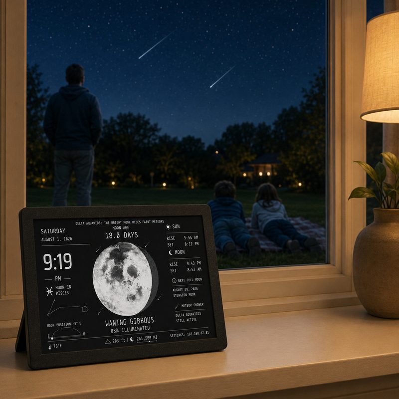 A family watching a meteor shower from the yard, seen through a window with MoonGraph on the sill