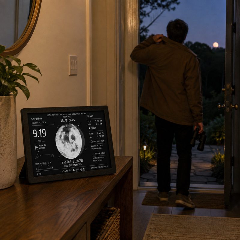 A man stepping out the front door as the Moon rises over the trees, with MoonGraph on the hall table