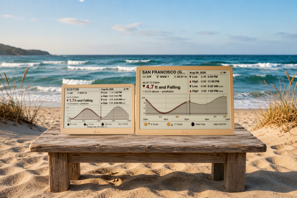 Ocean Tide 7.5-inch and 10.2-inch tide displays side by side on a wooden table at the beach