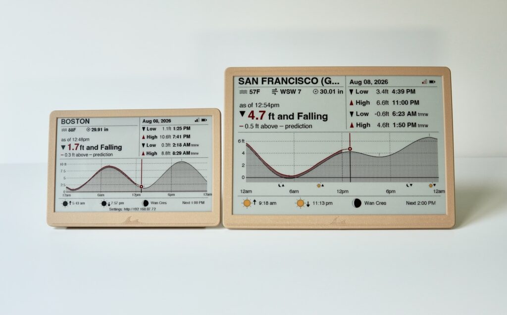 Ocean Tide 7.5″ and 10.2″ in Tidal Sand showing San Francisco tide curves, high and low times