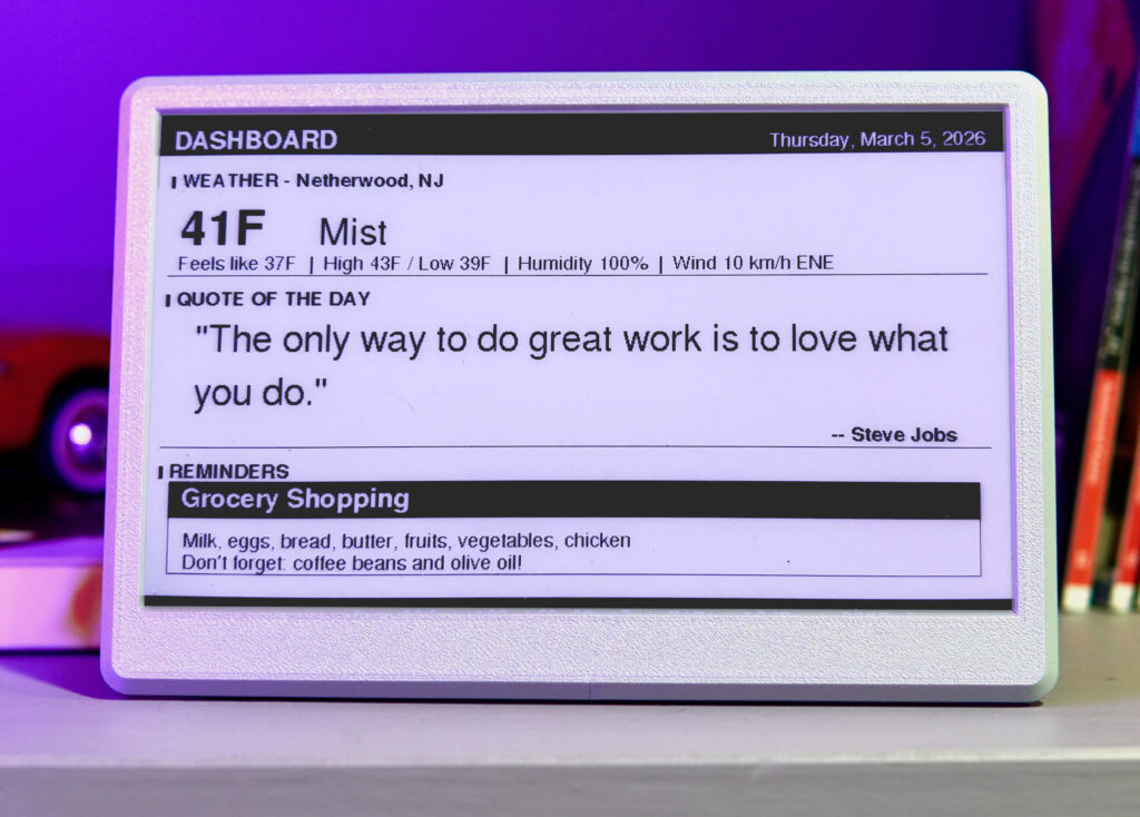 AInk e-ink display showing a morning dashboard with weather, schedule and a grocery list