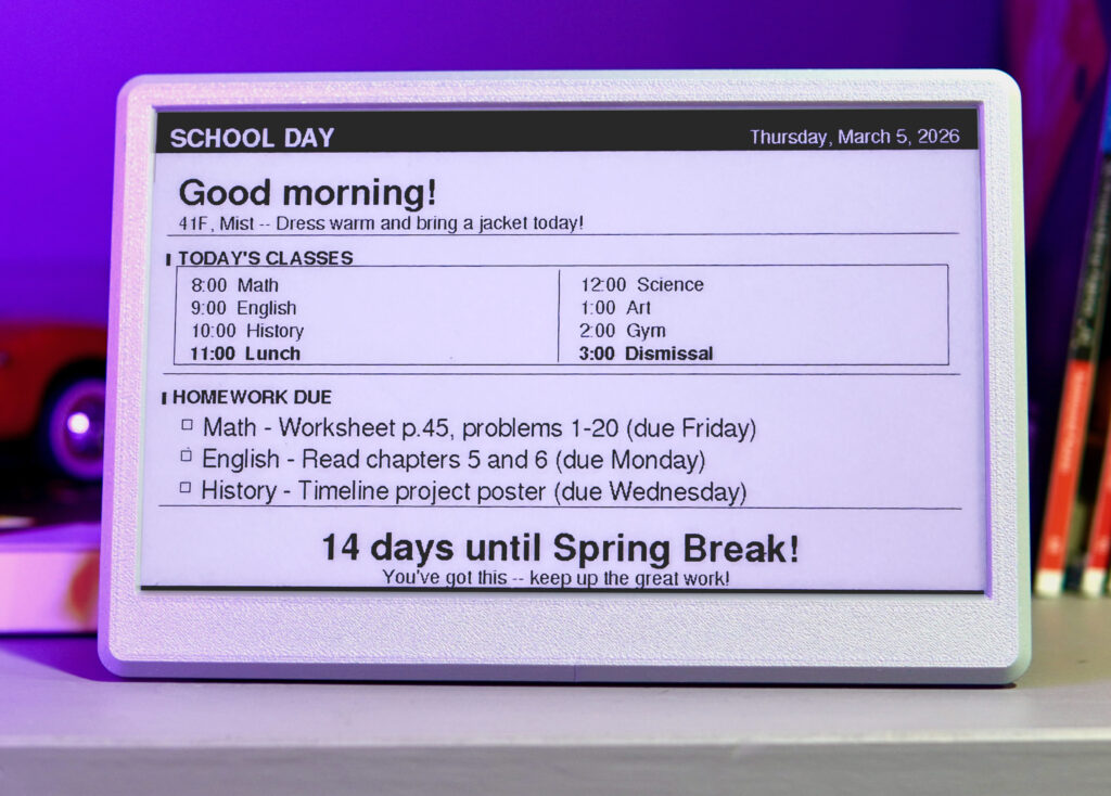 AInk e-ink display showing a student dashboard with classes and homework