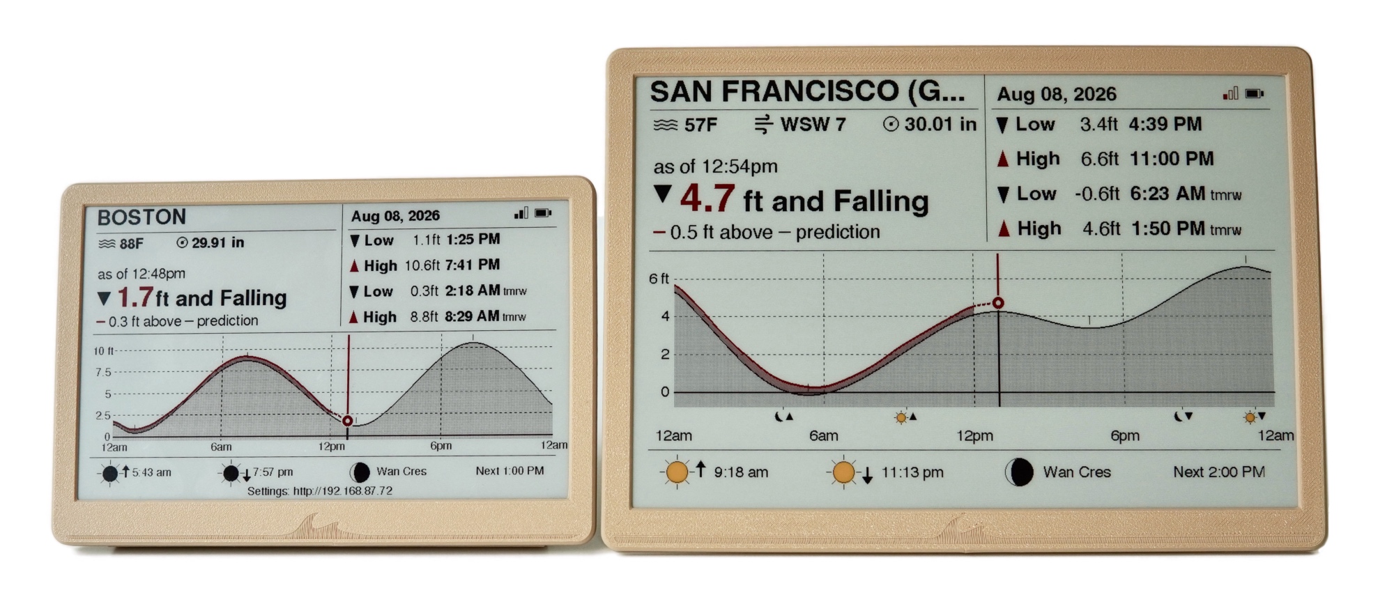 Ocean Tide 7.5-inch and 10.2-inch tide displays side by side, showing Boston and San Francisco tides