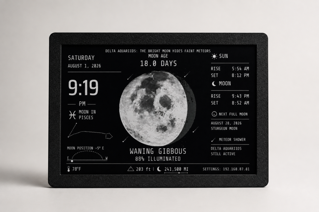 Close-up of the MoonGraph screen showing moon age 18.8 days and 88% illuminated