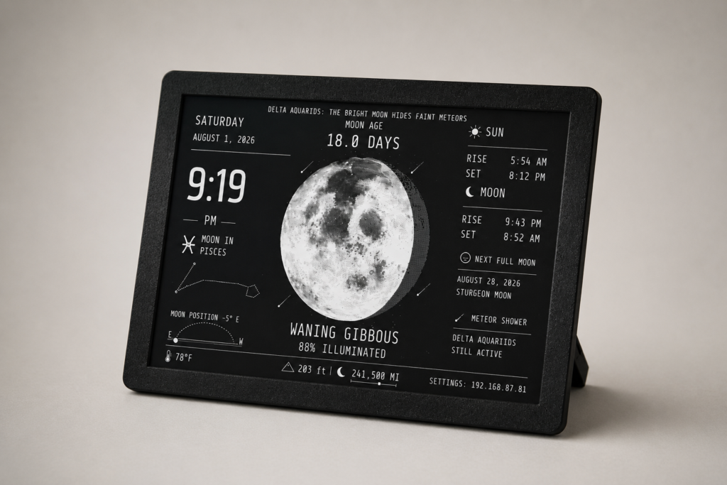 MoonGraph 10.2″ e-paper display: large clock, detailed moon image and next full moon